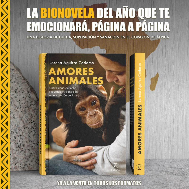 Portada del libro &quot;Amores animales&quot; en la que sale una mujer abrazando un chimpancé